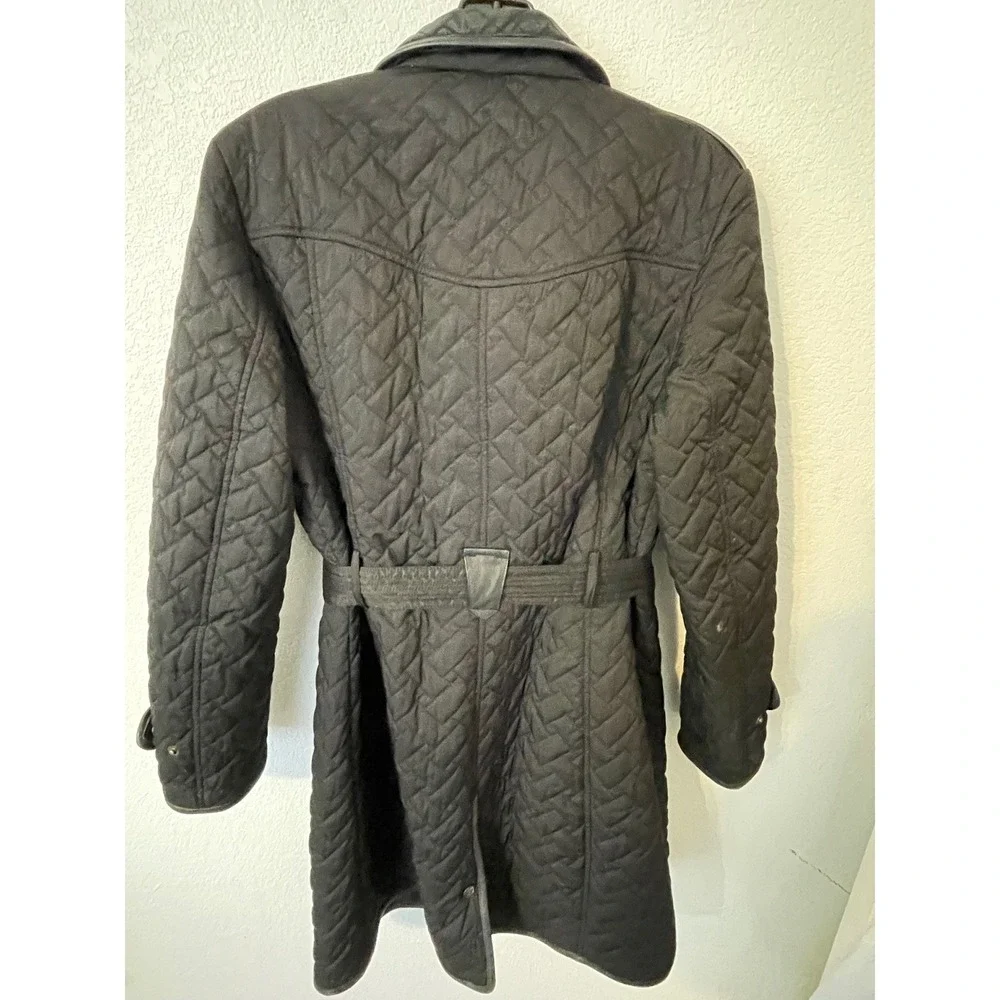 Cole Haan Womens Quilted Trench Coat Belted  Black Lamb Skin Trim‎ Medium